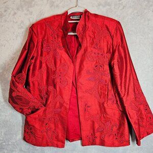 Chico's Womens m Silk Embroidered Red Jacket Coat Career Part Open Business